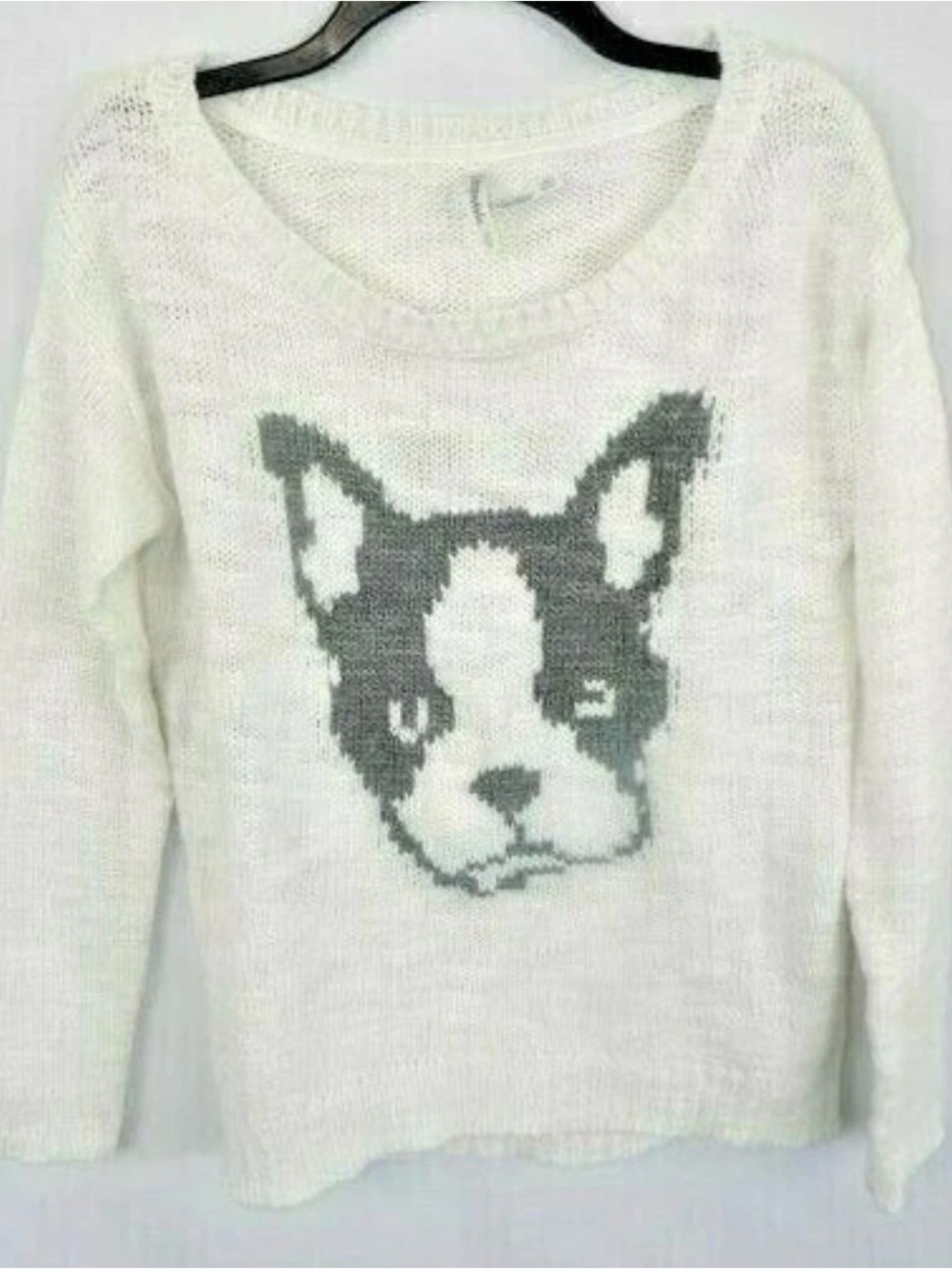 Aeropostale White Crewneck Sweater with French Bulldog/Boston Terrier Graphic